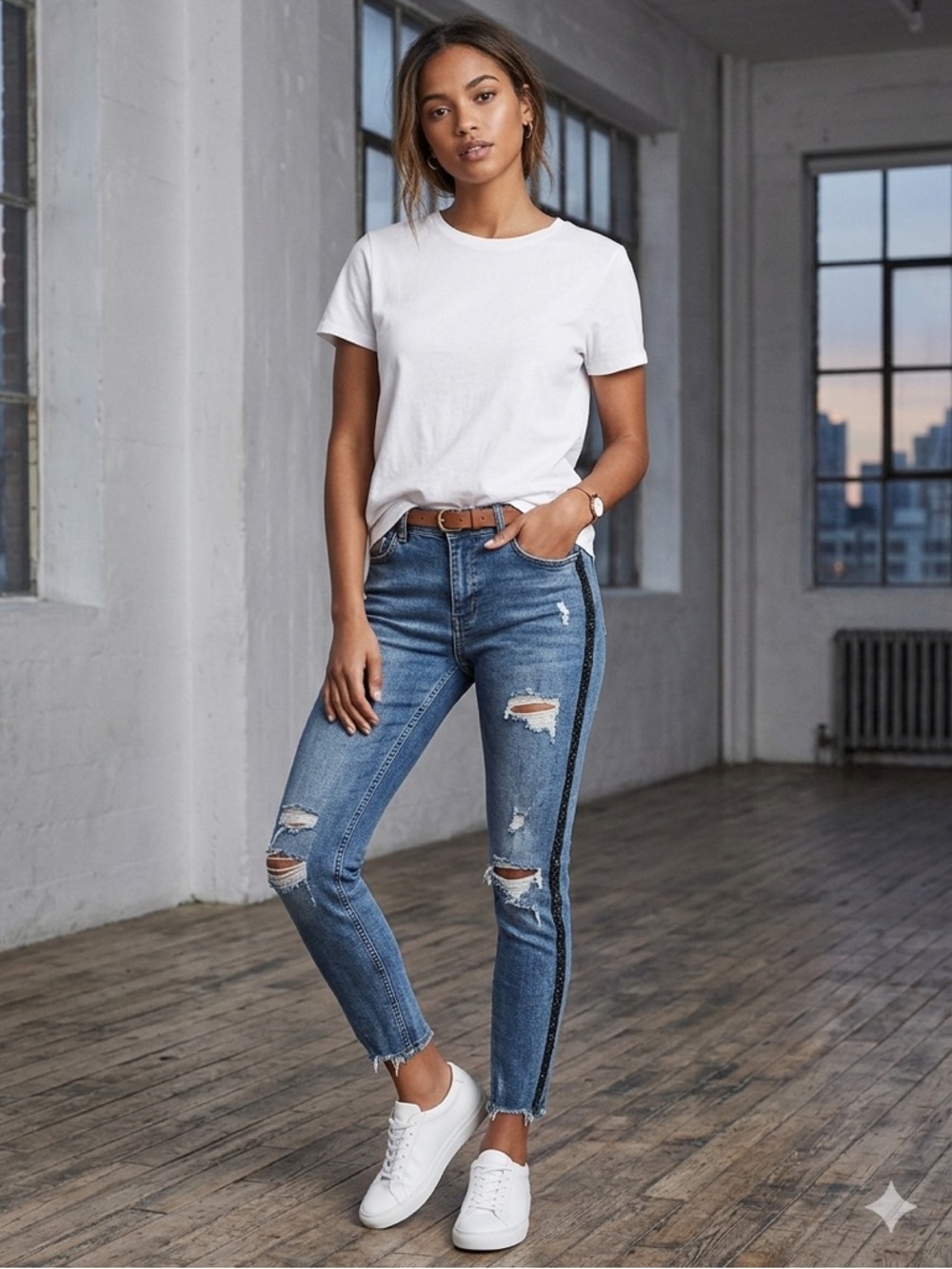 Zara Distressed Blue Jeans with Side glitter Stripe waist 15.5” insm 9” L 26”